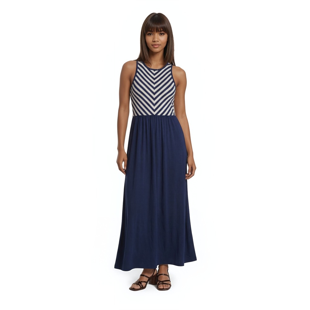 Toad&Co Maxi Dress Women's Size Medium Navy White Chevron Stripe Organic Cotton